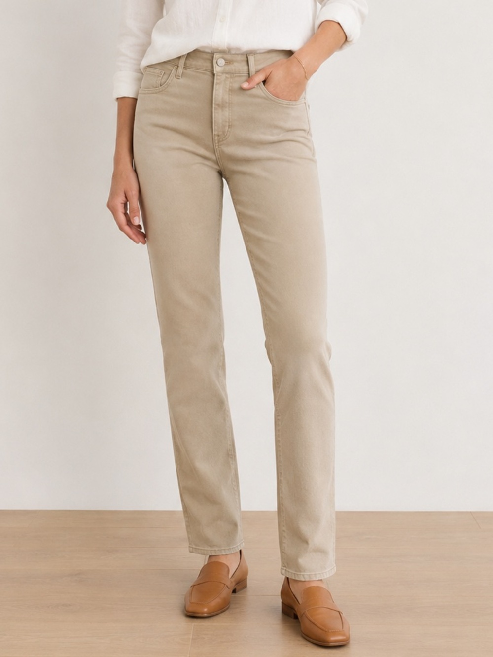 Cambio Sharon Straight Leg Jeans High Rise Stretch Denim Khaki Tan Size 10